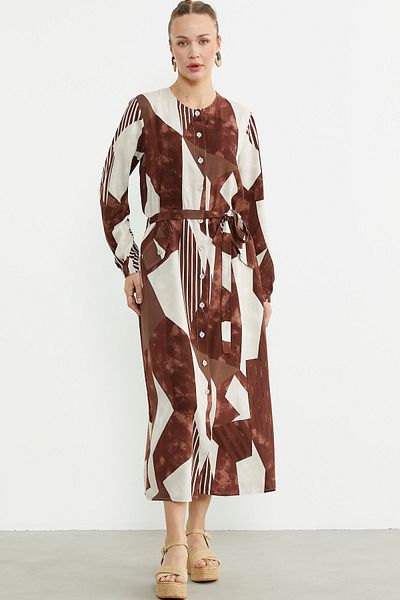 Sementa Plus Size Geometric Patterned Long Dress - Brown