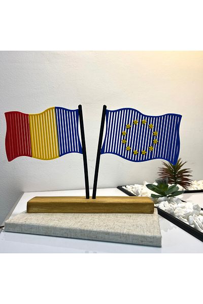 OEM "RO&EU Flag" decoration with natural wooden base, 17.5 cm, multicolor, 3D printed