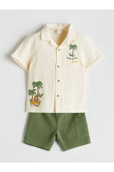 LC Waikiki Beige Embroidered Boy's Shirt and Shorts 2-Piece
