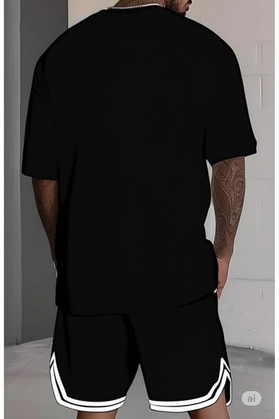 NO 601 Men's Black Oversize Tshirt Black Extraforlu Shorts Different Printed Set