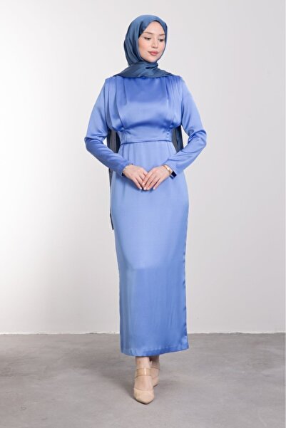 Lamia Giyim Üstü Dökümlü Bele Oturan Tesettür Abiye Mavi