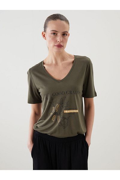 LC Waikiki New Season V-Neck Printed Women's T-Shirt - S5Kr14Z8