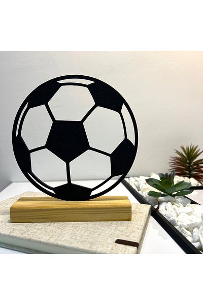 OEM "Soccer Ball" decoration with natural wooden base, 17 cm, black, 3D printed