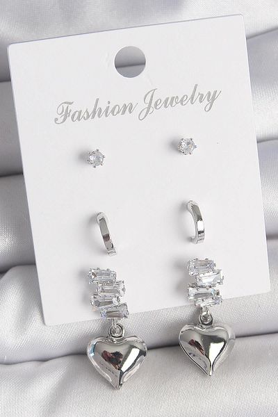 Celira Brass Silver Color Zircon Stone Dangle Heart Model Half Ring Detail 3 Pair Women's Earring Set