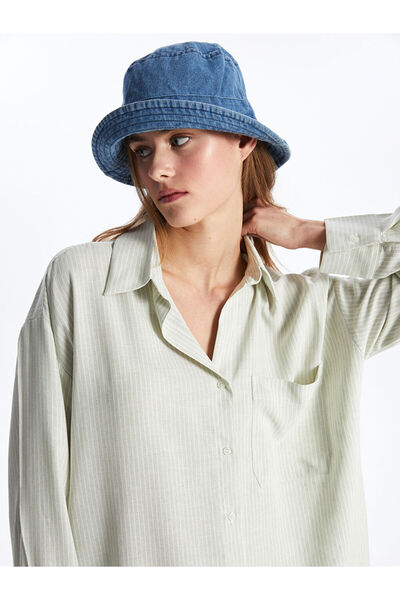 LC Waikiki Green Striped Long Sleeve Oversize Linen Blend Women's Shirt