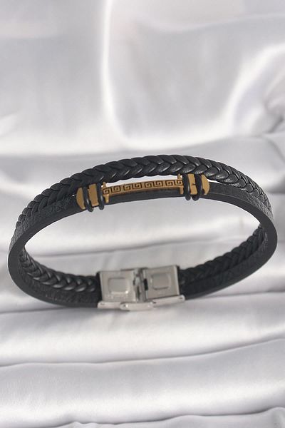 Celira Steel Gold Color Double Row Twist Pattern Leather Cord Men's Bracelet with Zigzag Embroidered Accessories
