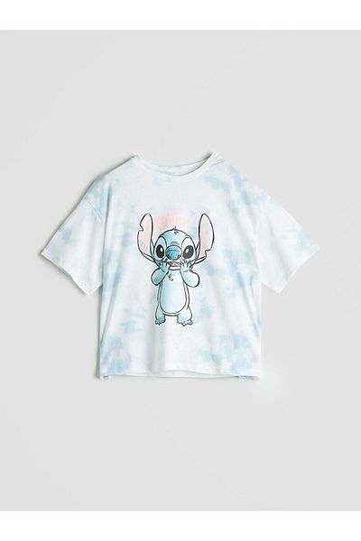 LC Waikiki Blue Crew Neck Stitch Printed Girl's T-Shirt