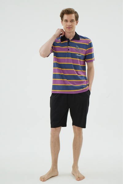 İPEKTENİM Синьо-фіолетово-помаранчевий комплект піжами з поло-коміром та шортами