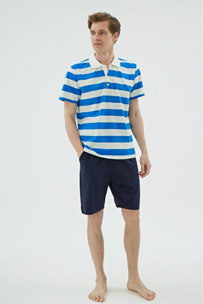 İPEKTENİM Бежево-синій комплект піжами з шортами та поло з коміром