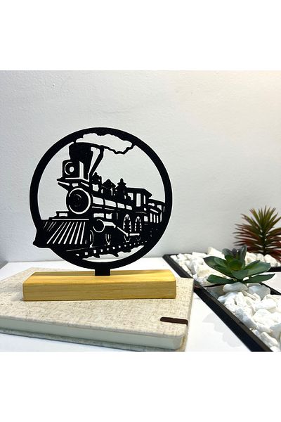 OEM "Legend of Steam" decoration with natural wood base, 16 cm, black, 3D printed