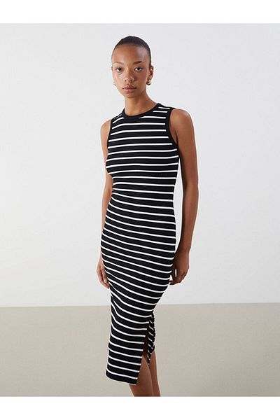 LC Waikiki Black Crew Neck Striped Bodycon Dress