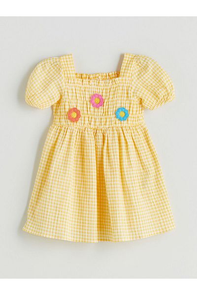 LC Waikiki Orange Square Collar Short Sleeve Plaid Patterned Baby Girl Dress