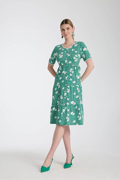 Wild Love Green Floral Print Short Sleeve Floor Skirt Full Length Button up Women's Dress