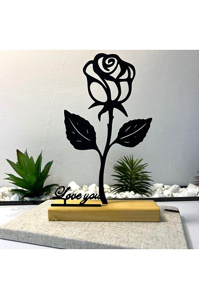 OEM "Black Rose - Love You" decoration with natural wooden base, 22 cm, black, 3D printed