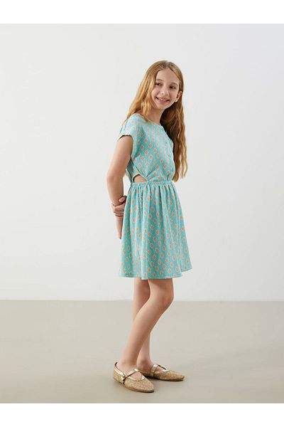 LC Waikiki Turquoise Crew Neck Floral Girl's Dress