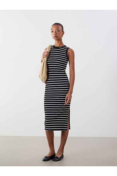 LC Waikiki Black Crew Neck Striped Bodycon Dress