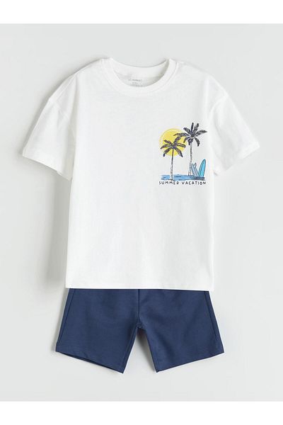 LC Waikiki Ecru California Printed Boys' T-Shirt and Shorts 2-Piece Set