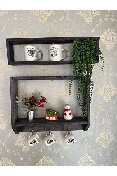 Wooden Factory 2 Katlı Ahşap Duvar Rafı – Kupa Askılı Kahve Köşesi Rafı, Doğal Ahşap