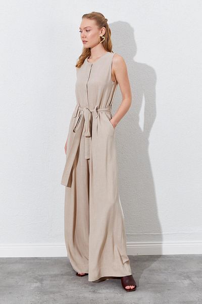 TENA Women's Dark Beige Sleeveless Belted Double Leg Jumpsuit