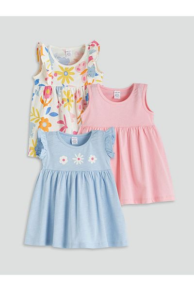 LC Waikiki Ecru Crew Neck Baby Girl Combed Cotton Dress 3-Piece