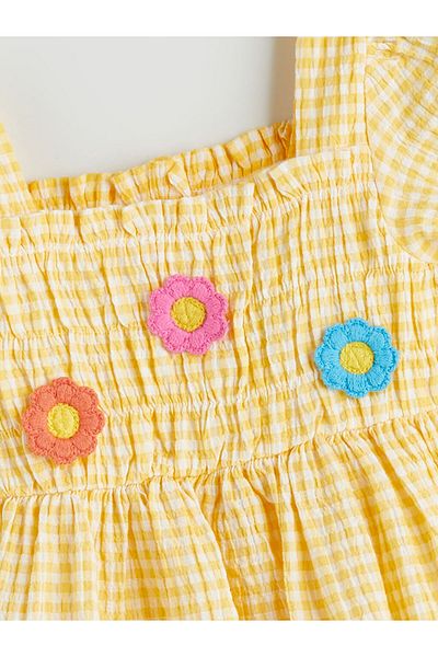 LC Waikiki Orange Square Collar Short Sleeve Plaid Patterned Baby Girl Dress
