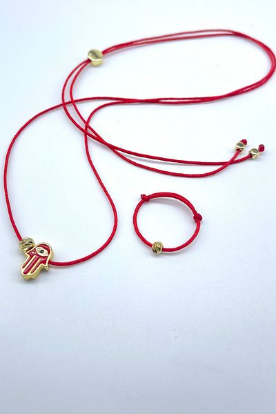 Concept HuBuTU Minimal Gold Fatma Mother Figured Dorikalı Elegant Red Rope Necklace and Ring Set