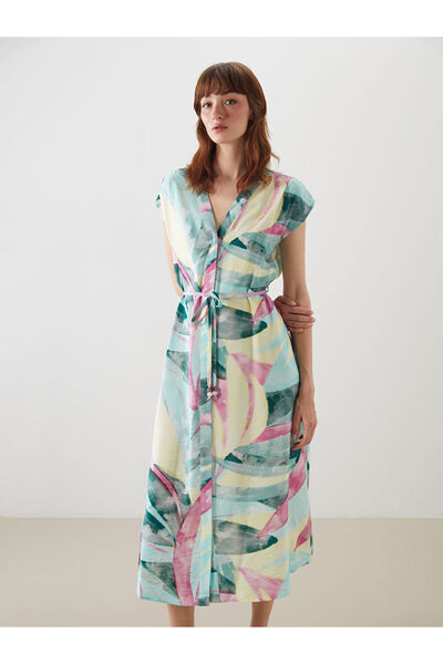 LC Waikiki Mixed V-Neck Floral Belted Shirt Dress