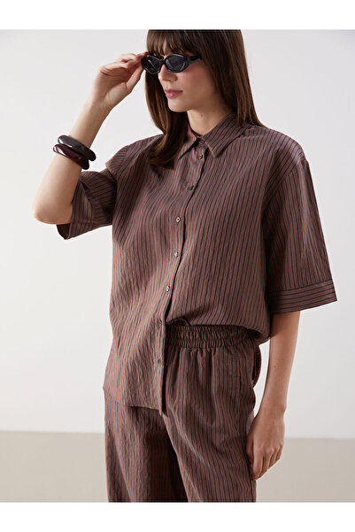 LC Waikiki Burgundy Striped Oversize Women's Shirt