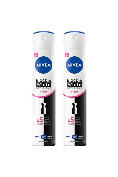 NIVEA بخاخ مزيل العرق غير مرئي من بلاك آند وايت للنساء، حماية تدوم 72 ساعة، 200 مل، عبوة من قطعتين