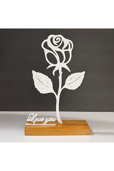 OEM "White Rose - Love You" decoration with natural wooden base, 22 cm, white, 3D printed