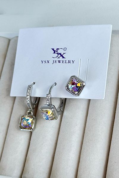 TAKIŞTIR مجموعة أقراط YSX مكونة من 3 قطع بتفاصيل حجرية فضية اللون