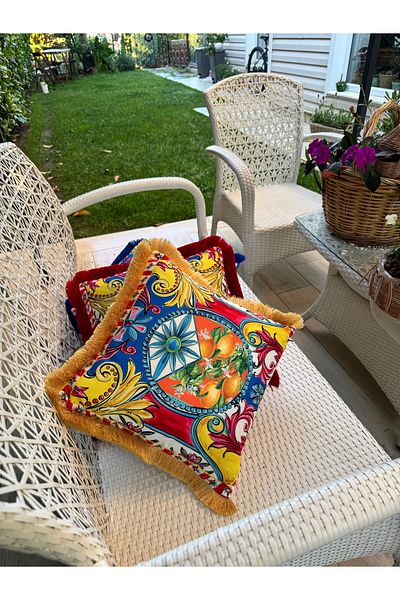 Merve Kaymakcı San Di Monte Lemon Yellow Tassel Throw Pillow Cover