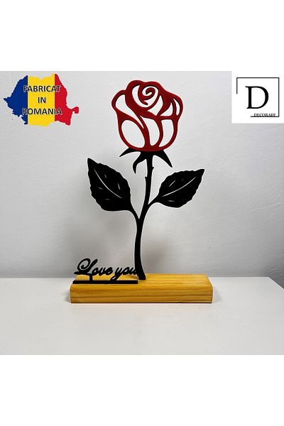 OEM "Red Rose - Love You" decoration with natural wooden base, 22 cm, red/black, 3D printed