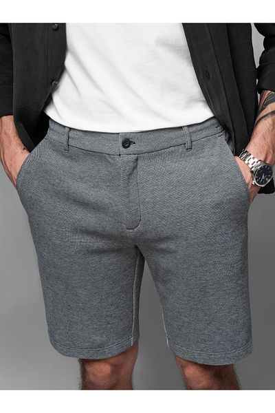 OMBRE Herren SLIM FIT Short Shorts aus strukturiertem Melange-Strick - Schwarz V2 OM-SRCS-0166 M
