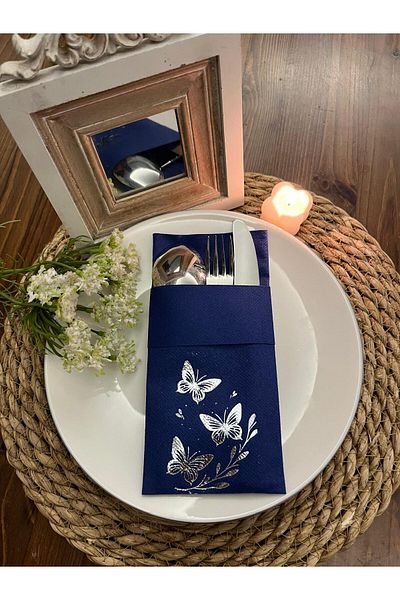 kidspartim Silver Gilded Navy Blue Fabric Textured Air Laid Kangaroo Butterfly Leaf Detailed Pocket Napkin Set of 6