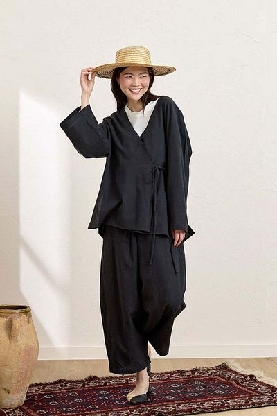 Ceylan Otantik Black Organic Linen Tunic & Baggy Trousers Set