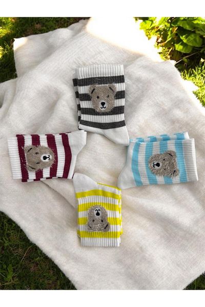 Forever Pack of 4 Mixed Teddy Bear Patterned Striped College Tennis Socks