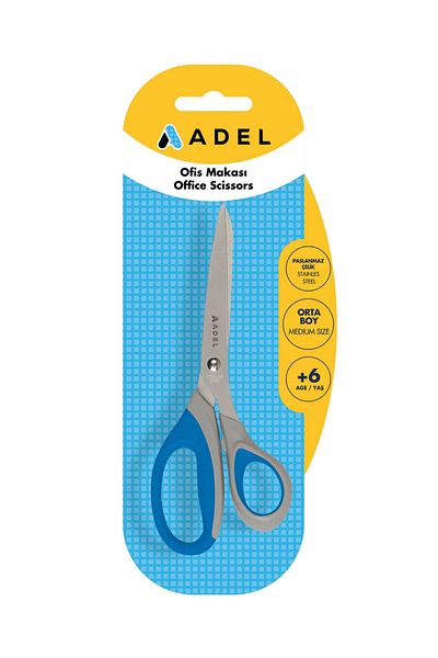 Adel Office Scissors Medium Size, Stainless Steel Blade, Ergonomic Handle, Blister Packaging