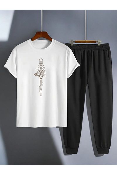 uyguntarz Σετ αθλητική φόρμα μπλουζάκι με στάμπα Unisex Time Compass Design