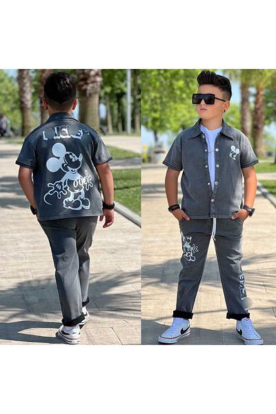 yns coolstar New Season Mcky Printed Shirt-T-Shirt and Trousers Unisex Model 3-Piece Set