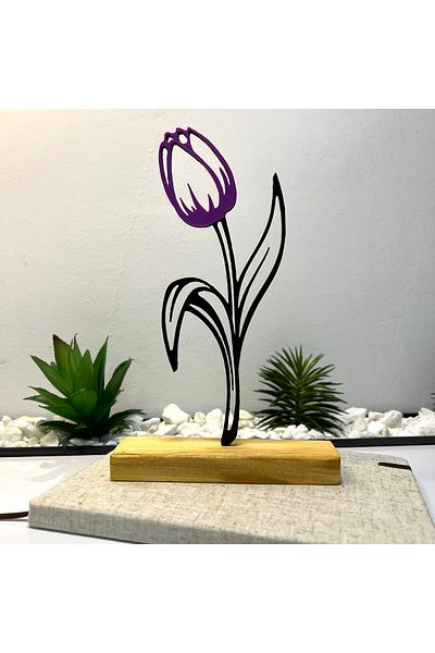 OEM "Tulip" decoration with natural wooden base, 22 cm, purple/black, 3D printed