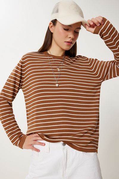Lovelyİstanbul Striped Seasonal Knitwear Sweater Camel Bone Lus0131