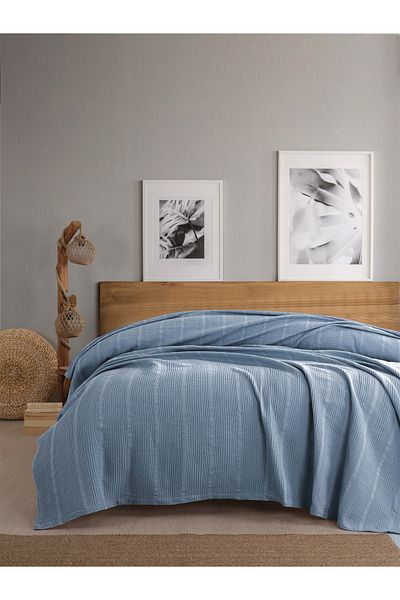 Sevim Pătură dublă Waffle Pique 210x230cm, 100% bumbac, design fagure, albastru