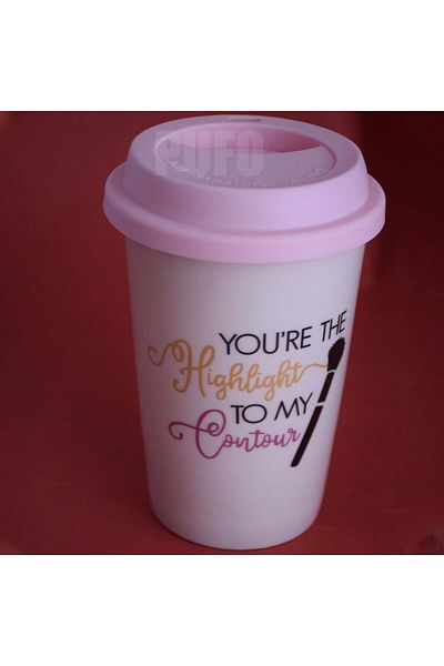 PUFO Ceramic Travel Coffee Mug With Silicone Lid, 415 Ml, You're The Highlight Model, Pink