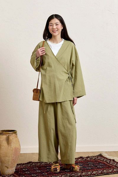 Ceylan Otantik Khaki Organic Linen Tie Tunic & Shalwar Trousers Set