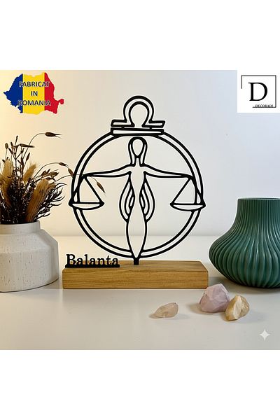 OEM Zodiac decoration "LIBRA" with natural wooden base, 18 cm, black, 3D printed