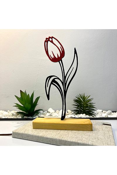 OEM "Tulip" decoration with natural wooden base, 22 cm, red/black, 3D printed