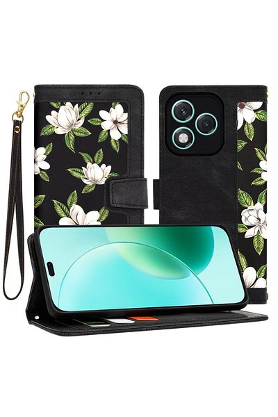 SKYDDAR INNOVATION Husă pentru Honor 400 Lite, portofel floral, din piele ecologică, protecție 360°, neagră, set de stickere