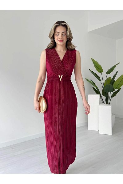Lusin Women's Zero Sleeve Burgundy Stylish Waist Detailed Double Breasted Collar Lined Summer Dress