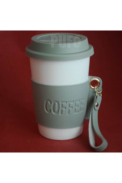 PUFO Love Coffee ceramic travel mug with thermal protection for coffee or tea, 415 ml, white/green